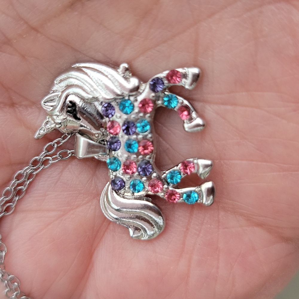 Unicorn Pendant Necklace Silvertone Multi Color Rhinestones 19" Adjustable New